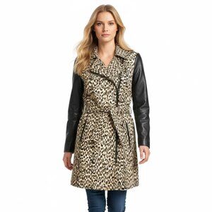 Guess Mixed-Media Leopard-Print Trench Coat with Faux-Leather Sleeves Size S